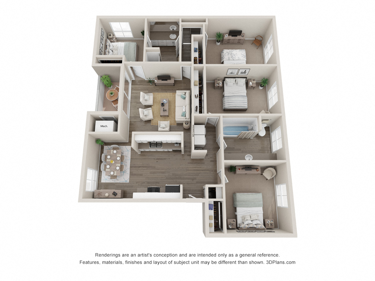 Floor plan for 4 beds, 2 baths, 1575 sqft